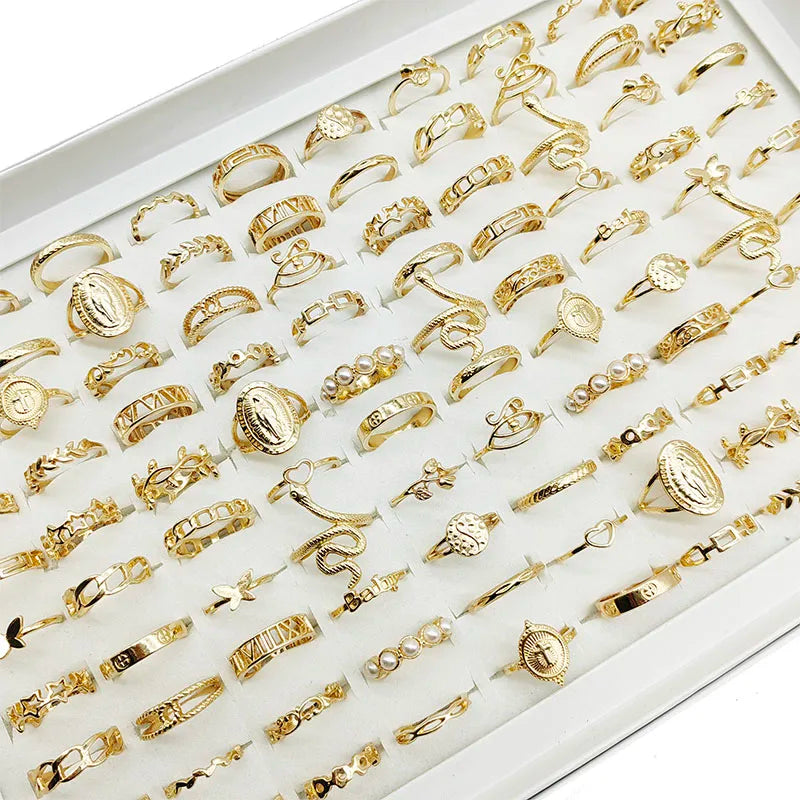 30pc/Lot Gold Color Finger Rings For Girls New Love Snake Animal Butterfly Cutout Star Pearl