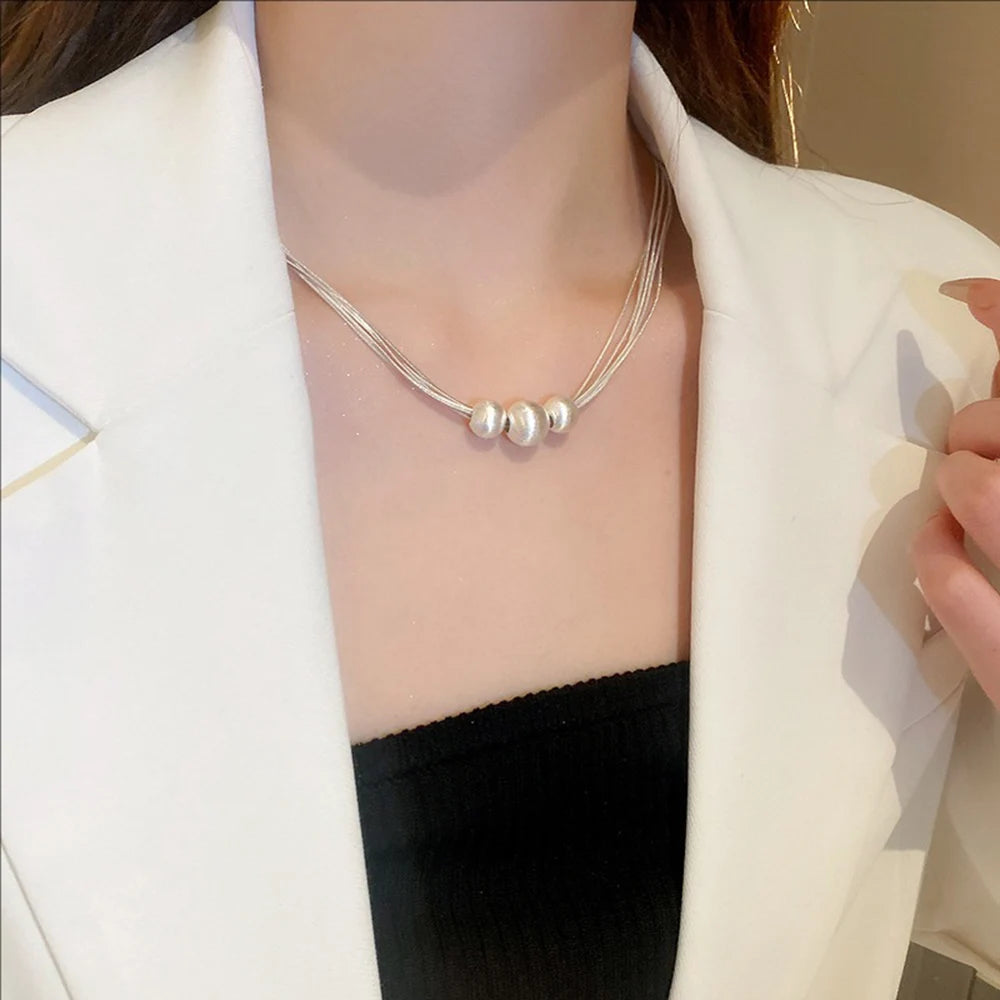 Shimmering Brushed Round Bead Multi-layer Necklace Fashionable Elegant Collarbone Chain New Neck Chain Stylish Jewelry