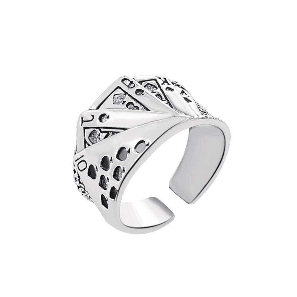 Punk Retro Metal Playing Card Ring Personality Hip Hop Rock Open Ring for Men Women Gothic Finger Jewellery