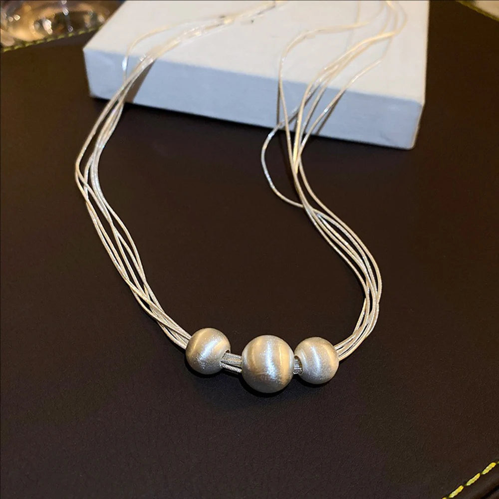 Shimmering Brushed Round Bead Multi-layer Necklace Fashionable Elegant Collarbone Chain New Neck Chain Stylish Jewelry