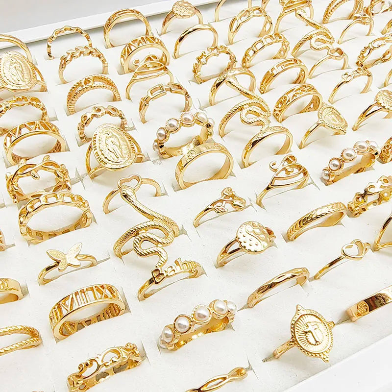 30pc/Lot Gold Color Finger Rings For Girls New Love Snake Animal Butterfly Cutout Star Pearl