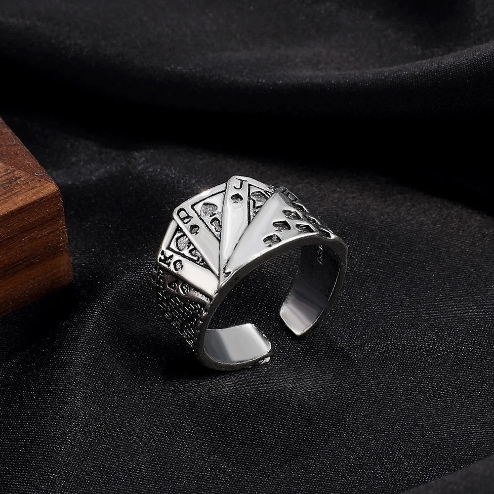 Punk Retro Metal Playing Card Ring Personality Hip Hop Rock Open Ring for Men Women Gothic Finger Jewellery