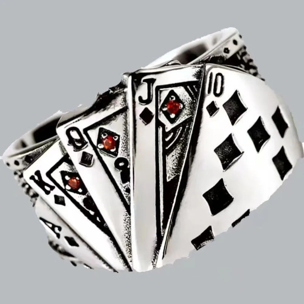 Punk Retro Metal Playing Card Ring Personality Hip Hop Rock Open Ring for Men Women Gothic Finger Jewellery