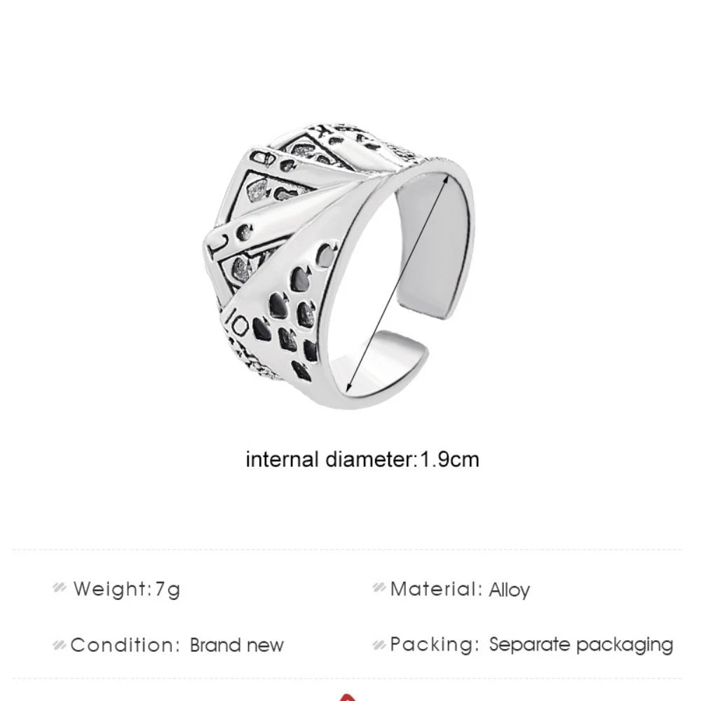 Punk Retro Metal Playing Card Ring Personality Hip Hop Rock Open Ring for Men Women Gothic Finger Jewellery