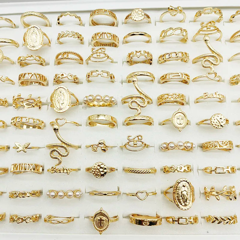 30pc/Lot Gold Color Finger Rings For Girls New Love Snake Animal Butterfly Cutout Star Pearl