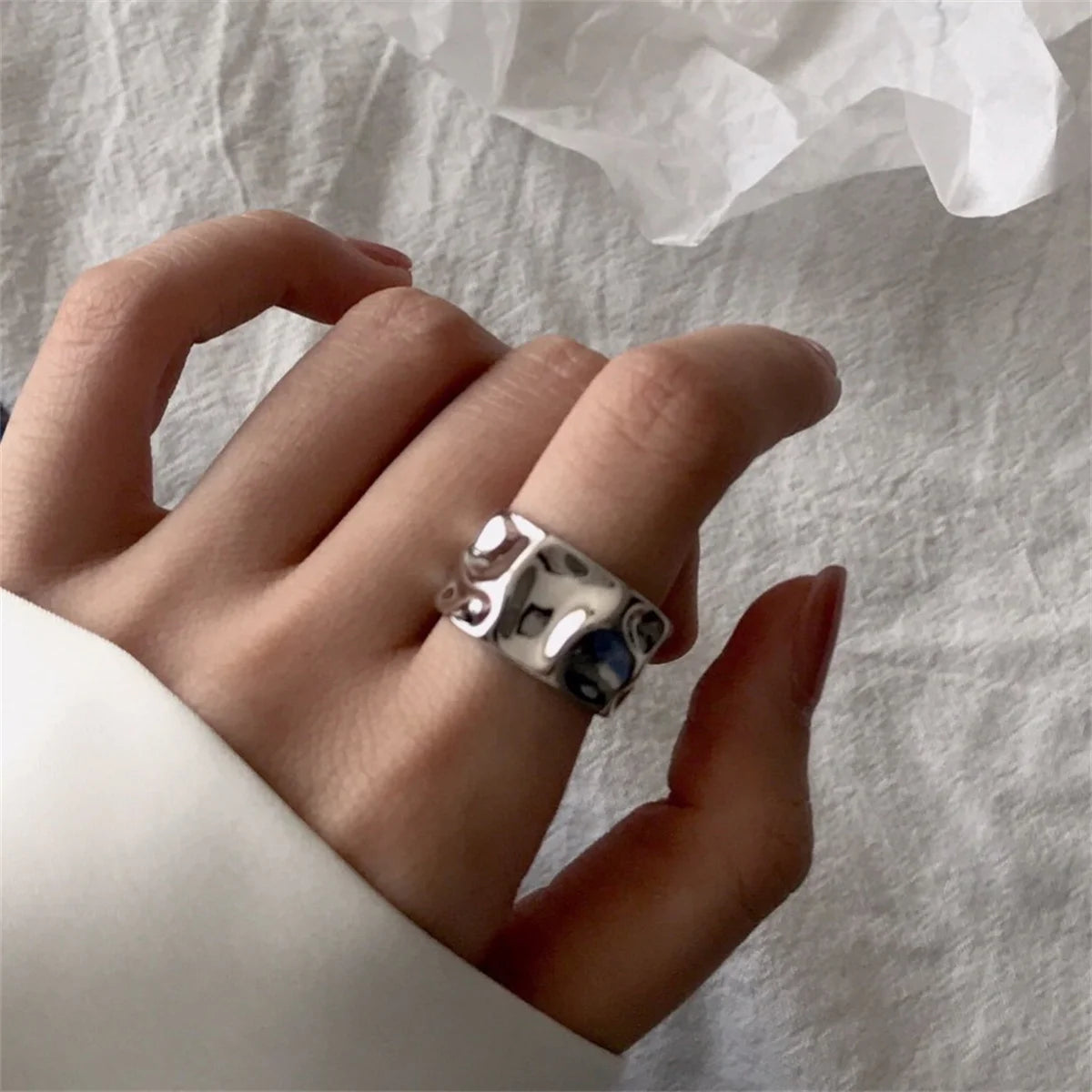 Concave-Convex Irregular Surface Wide Rings Men Women Vintage Jewelry Simple Retro Silver Color Metal Geometric