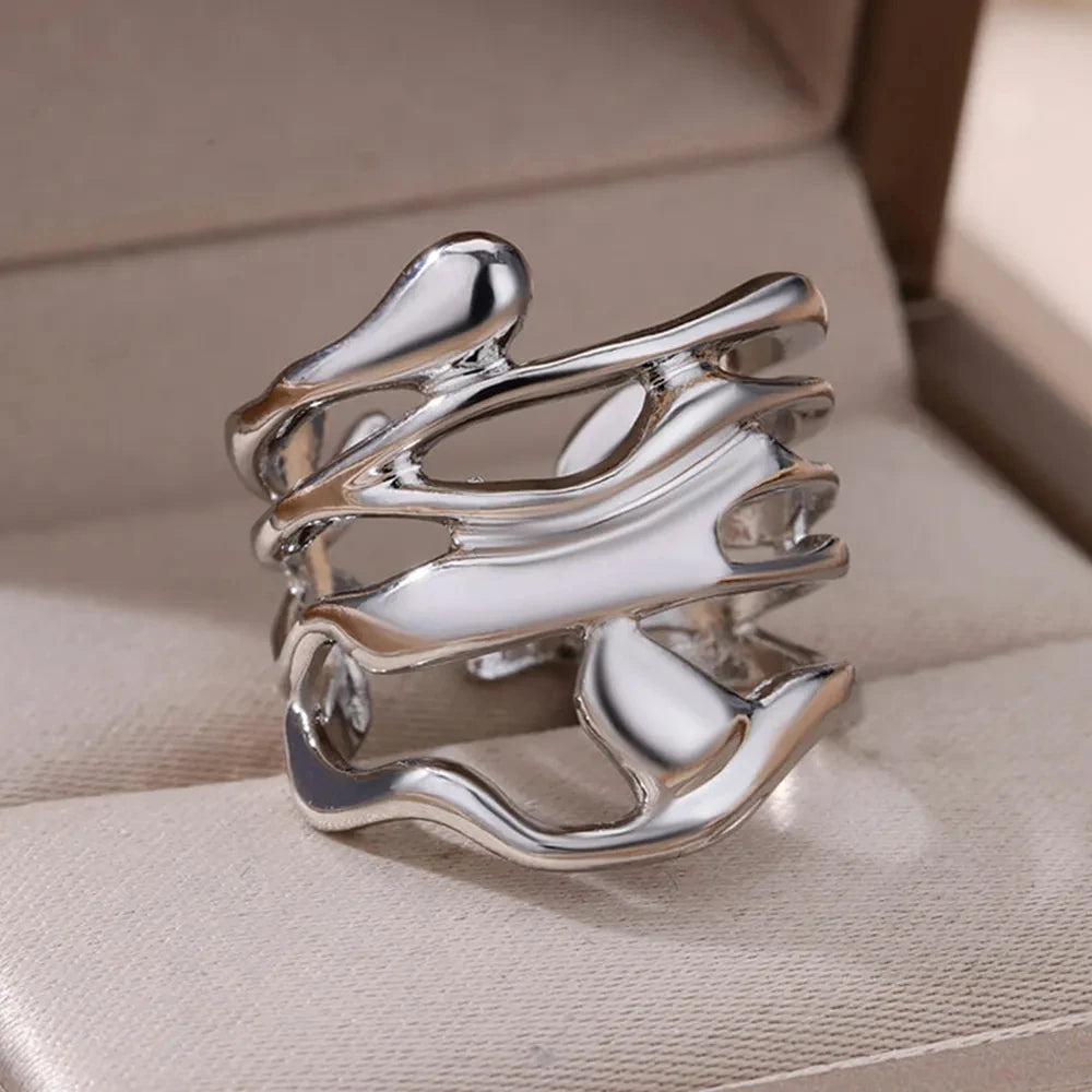 Stainless Steel Rings For Women Men Gold Color Hollow Wide Ring